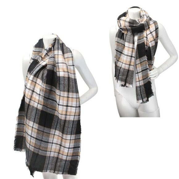 Plaid Soft Long Scarf Wrap WideBlack Brown White Yellow - Picture 1 of 6